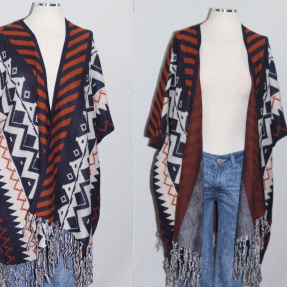 Blue & Orange Wool Tribal Fringe Shawl